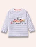 Cartoon Raccoon Appliqué Striped Long Sleeve T-Shirt