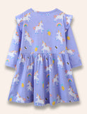 Rüschenkleid mit Cartoon-Einhorn-Print