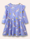 Rüschenkleid mit Cartoon-Einhorn-Print