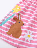 Brown Rabbit Appliqué Ruffled Striped Dress