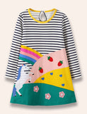 Rainbow Unicorn Appliqué Striped Dress