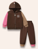 Star Embroidered Color Block Hooded Coat Set