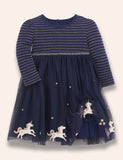 Unicorn Appliqué Starry Tulle Striped Dress