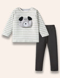 Puppy Appliqué Striped Long Sleeve T-Shirt