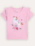 Fuchsia Pink Unicorn Appliqué Frill ramenní tričko