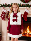 Christmas Knitted Dress With Plush Vest Set