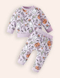 Halloween Pumpkin Print Long-sleeved Sweatshirt + Pants Set