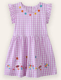 Plaid Flower Bird Embroidery Cotton Dress