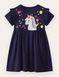 Flower Unicorn Embroidered Cotton Dress