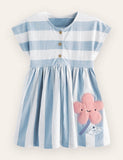 Flower Appliqué Striped Cotton Dress