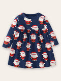 Santa Print Cotton Long-sleeved Dress