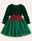 Christmas Velvet Bow Tulle Long Sleeve Dress