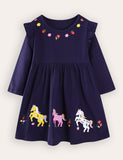 Cute Pony Embroidered Long-sleeved Dress