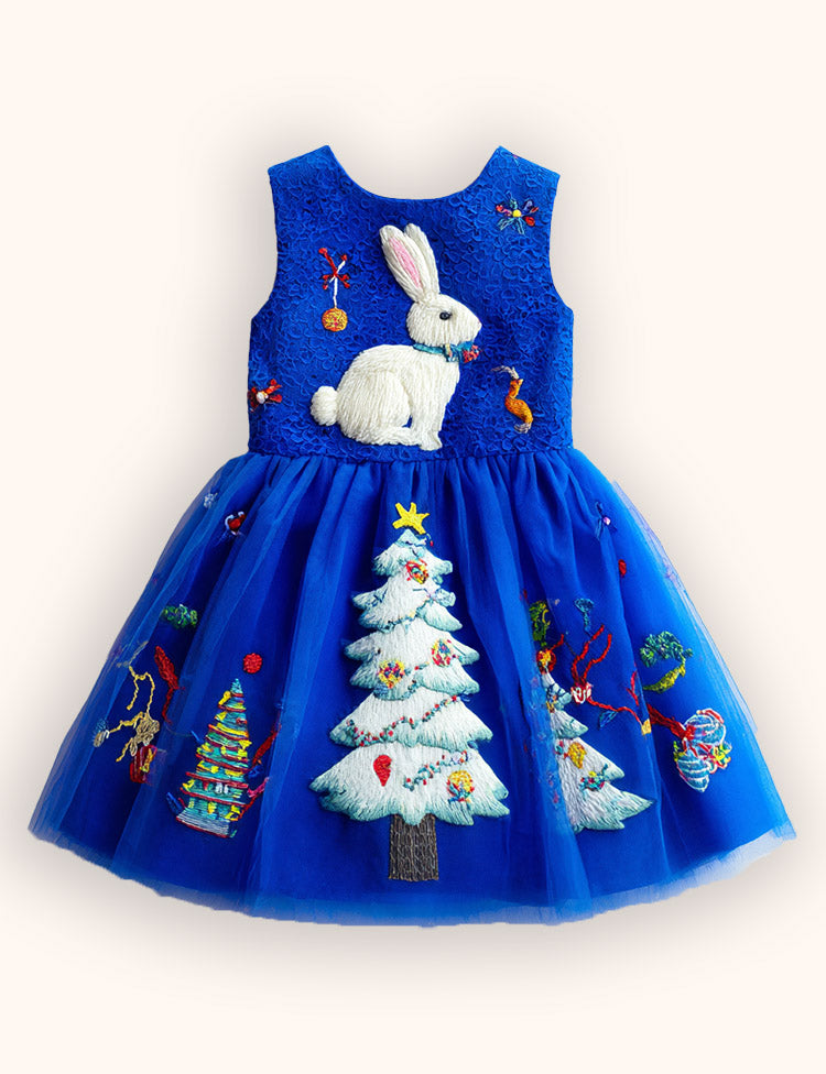 Christmas Bunny Tulle Embroidered Dress