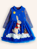 Tulle Festival Bunny Embroidered Long Sleeves Dress