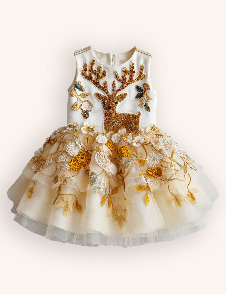Tulle Floral Reindeer Embroidered Dress
