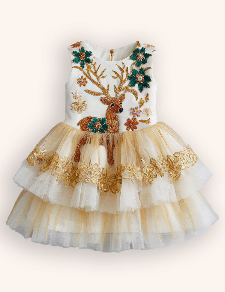 Tulle Floral Reindeer Embroidered Dress