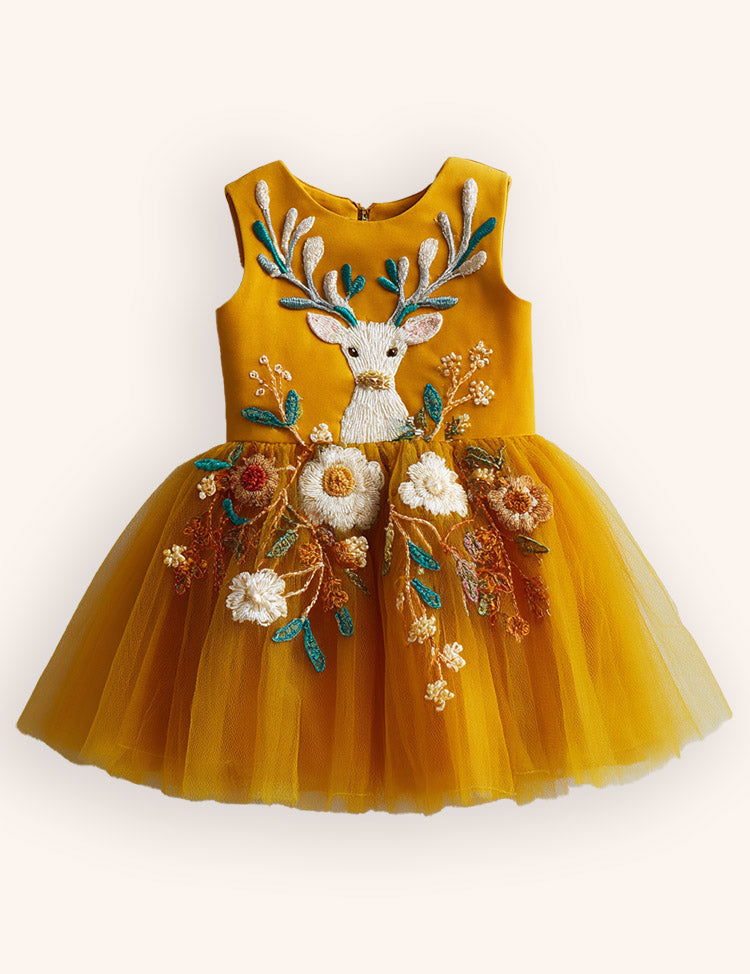 Tulle Floral Reindeer Embroidered Dress