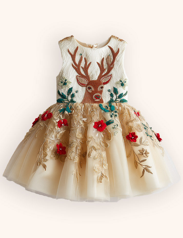 Tulle Floral Reindeer Embroidered Dress