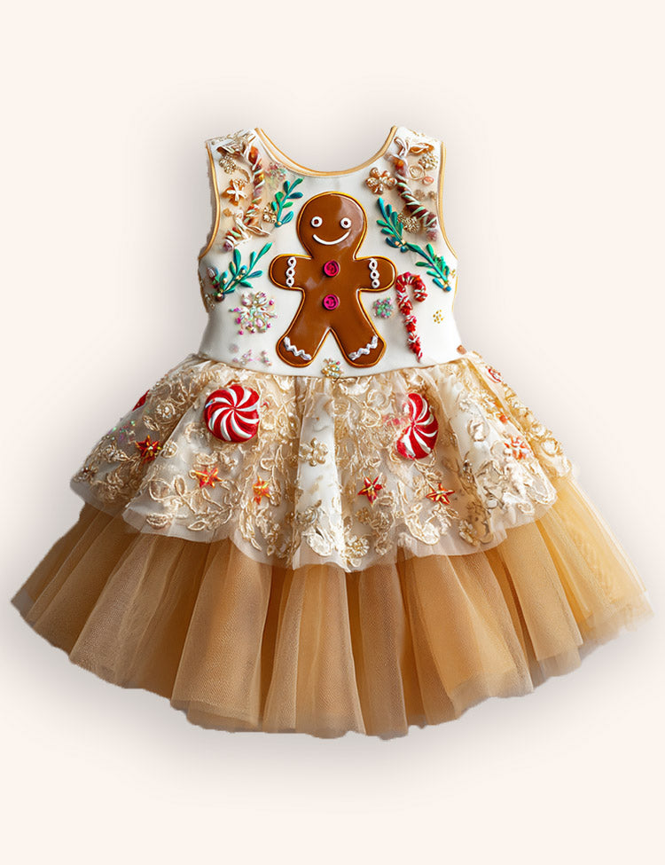 Tulle Gingerbread Man Embroidered Dress