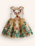 Tulle Floral Reindeer Embroidered Dress
