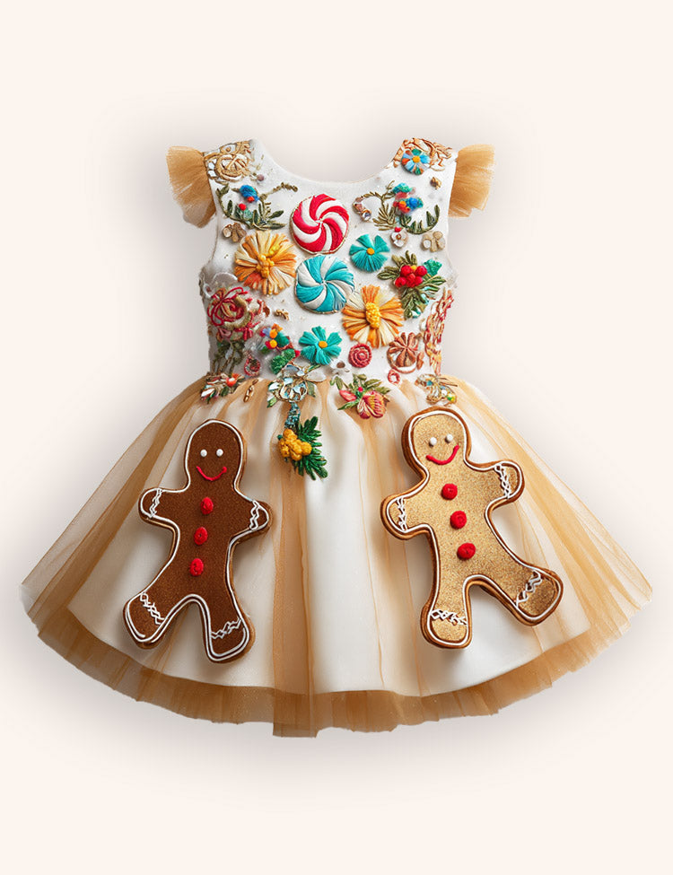 Tulle Gingerbread Man Embroidered Dress