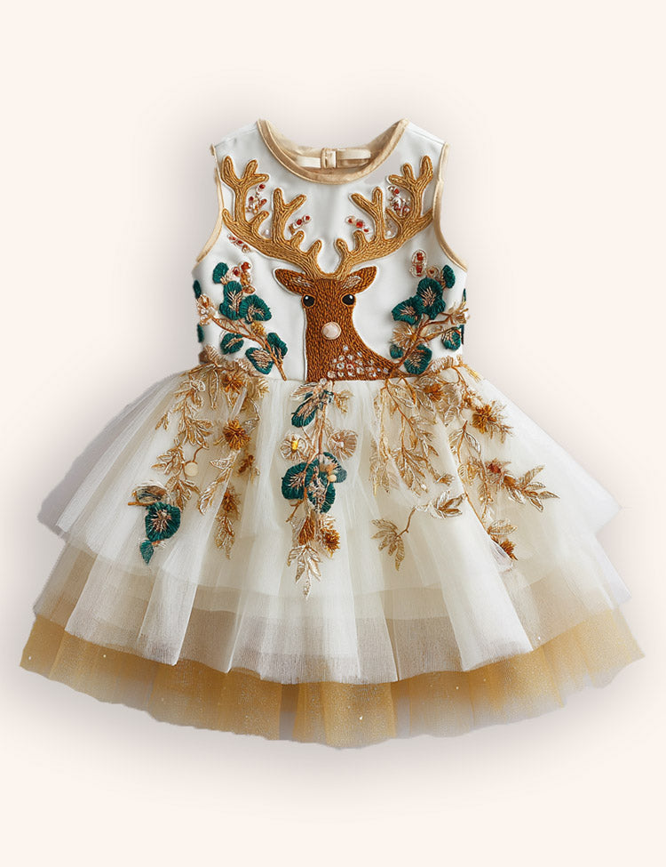 Tulle Floral Reindeer Embroidered Dress