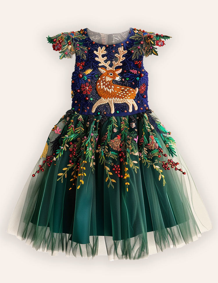 Festival Floral Reindeer Embroidered Tulle Dress