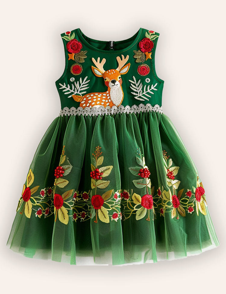 Christmas Reindeer Embroidery Tulle Dress