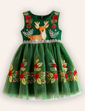 Christmas Reindeer Embroidery Tulle Dress