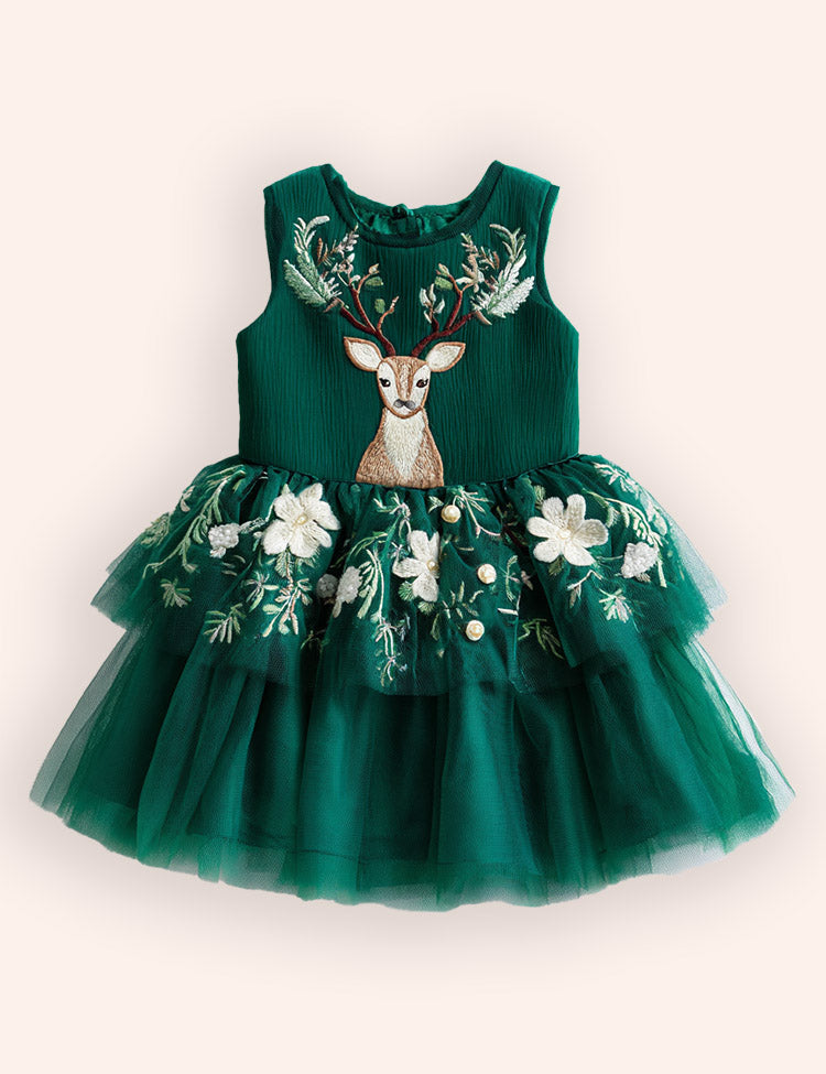 Tulle Floral Reindeer Embroidered Dress