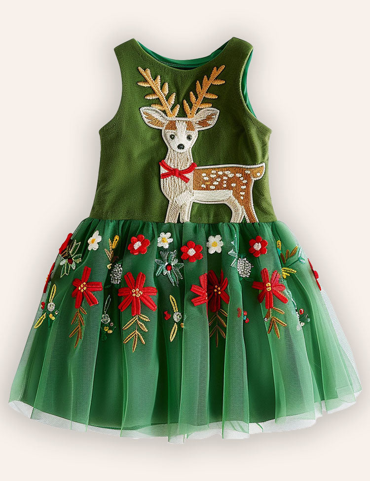 Christmas Reindeer Embroidery Tulle Dress