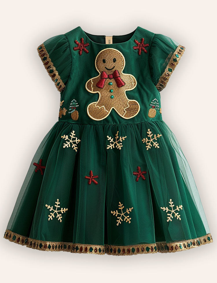Christmas Gingerbread Man Embroidery Tulle Dress