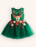 Tulle Floral Reindeer Embroidered Dress