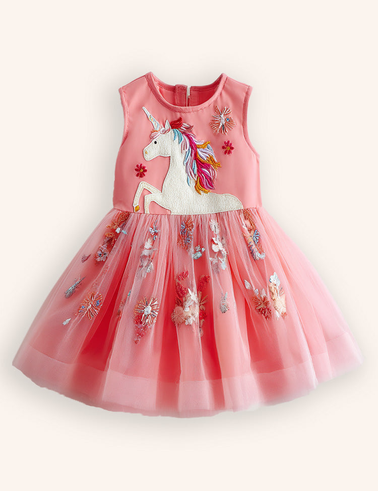 Floral Unicorn Appliqué Tulle Party Dress