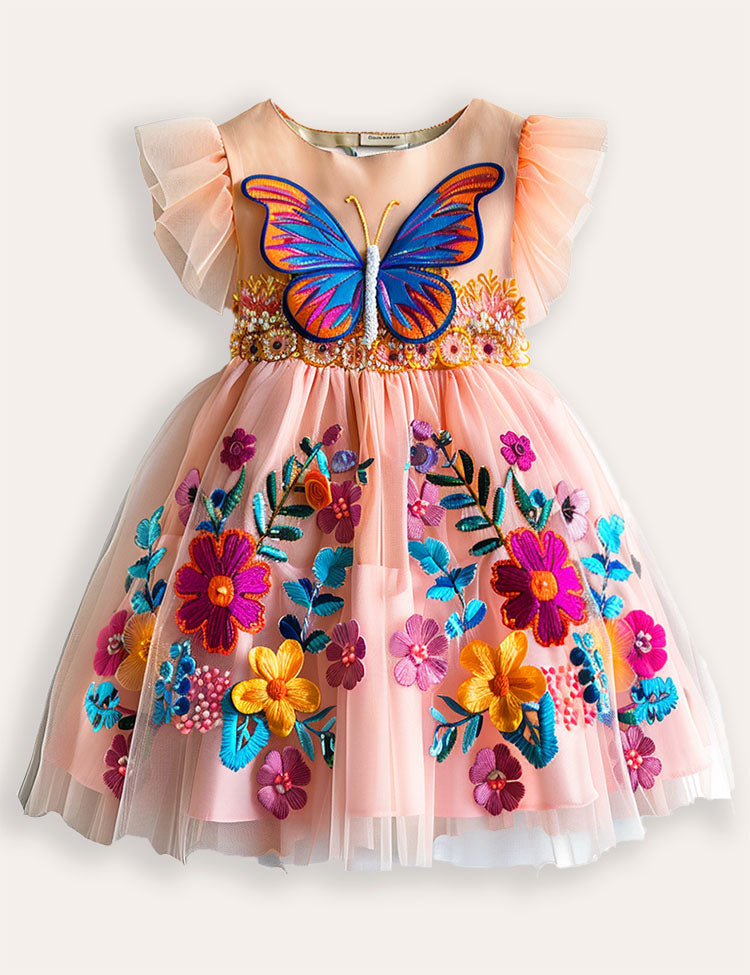Robe de fête de tulle de papillon à fleurs