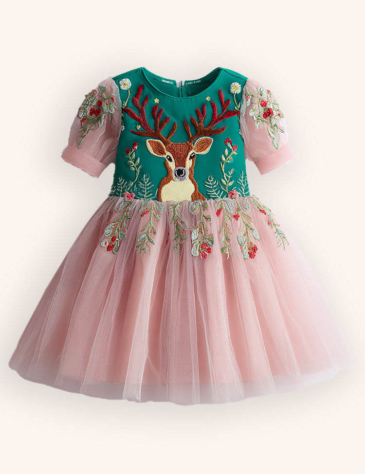 Tulle Floral Reindeer Embroidered Dress