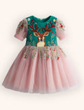 Tulle Floral Reindeer Embroidered Dress