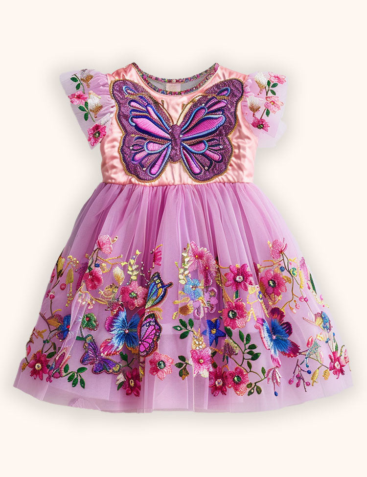 Flower Butterfly Applique Tulle Dress