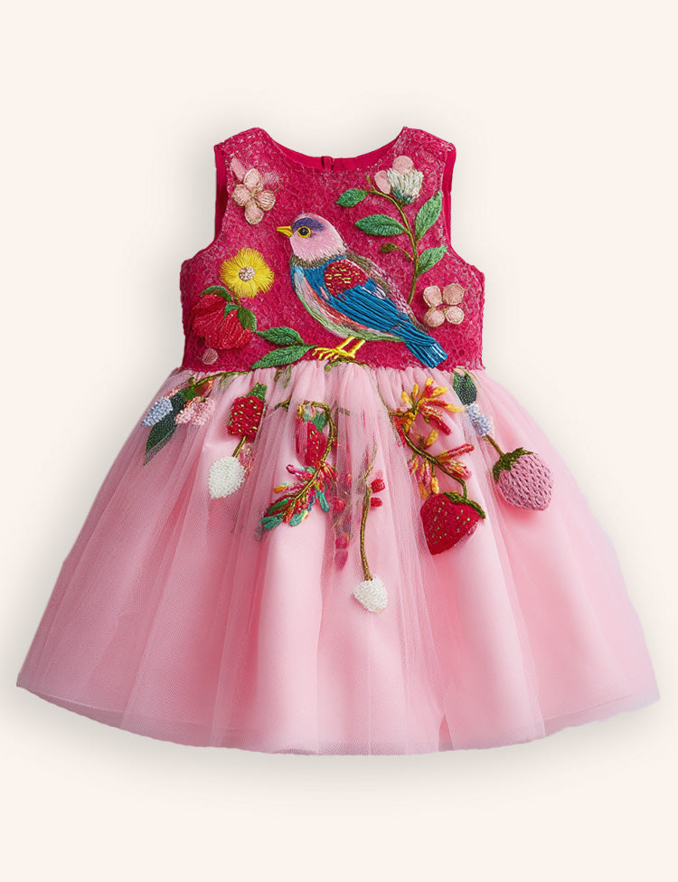 Tulle Floral Bird Appliqué Party Dress