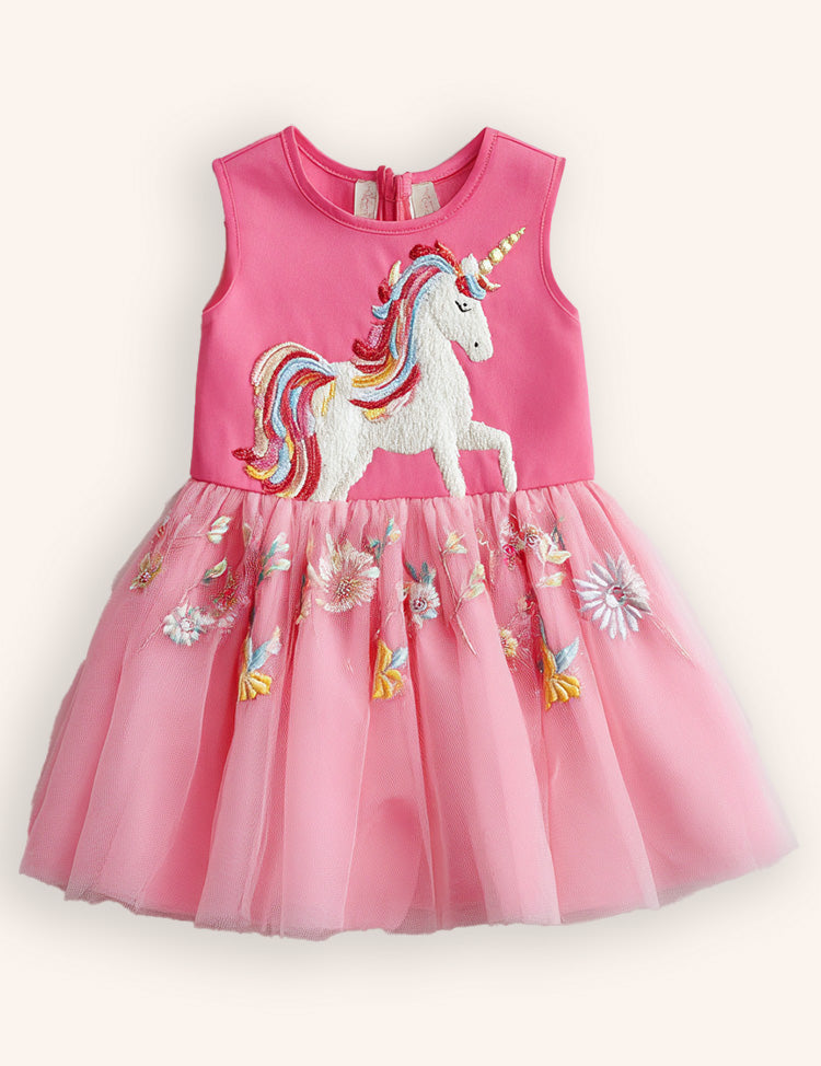 Floral Unicorn Appliqué Tulle Party Dress
