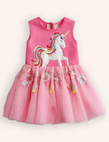 Floral Unicorn Appliqué Tulle Party Dress