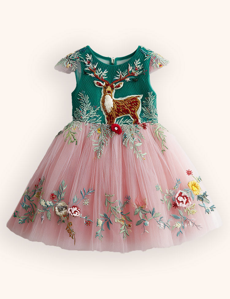Tulle Floral Reindeer Embroidered Dress