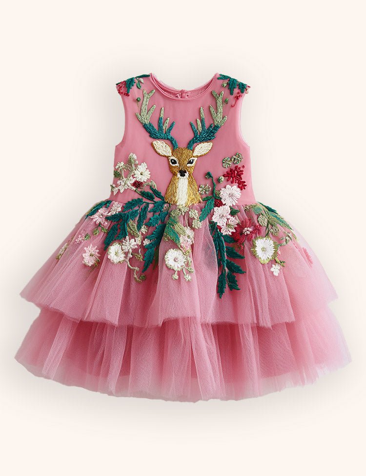 Tulle Floral Reindeer Embroidered Dress