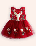 Tulle Floral Reindeer Embroidered Dress