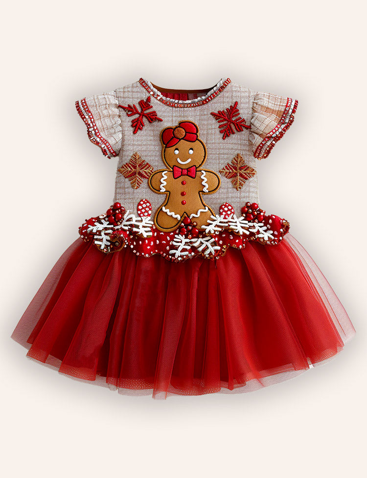 Christmas Gingerbread Man Embroidery Tulle Dress