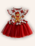 Christmas Gingerbread Man Embroidery Tulle Dress