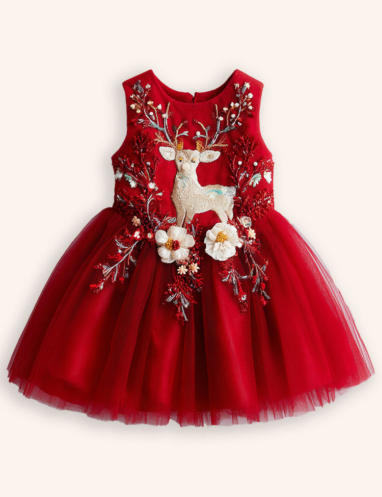 Tulle Floral Reindeer Embroidered Dress