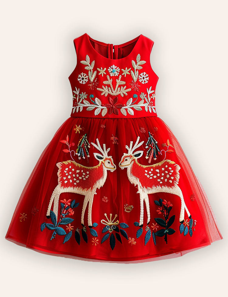 Christmas Reindeer Embroidery Tulle Dress