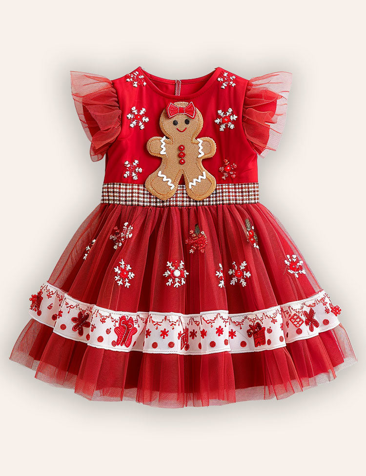 Christmas Gingerbread Man Embroidery Tulle Dress